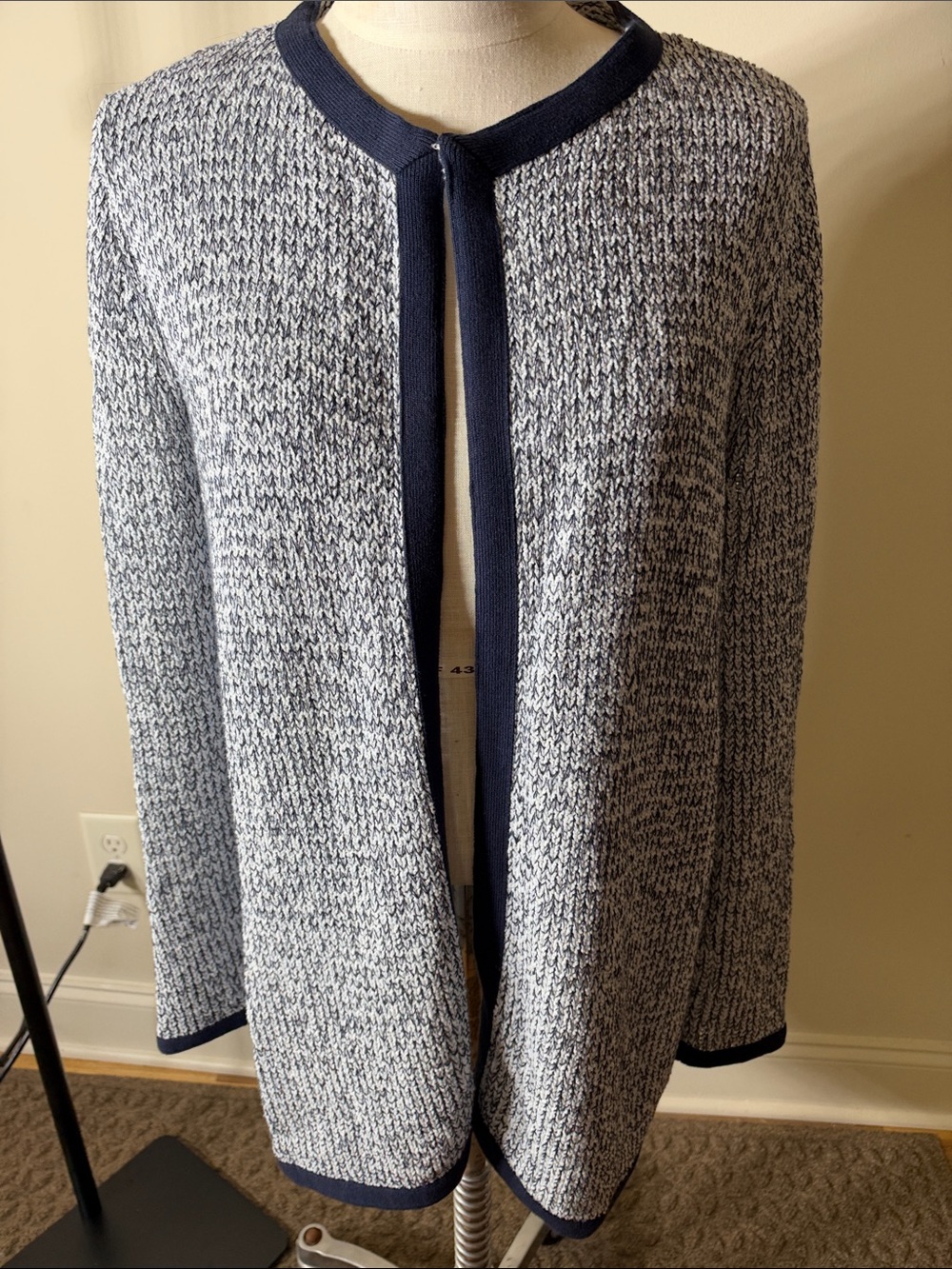 Ann Taylor Factory Gray Marled Open-Front Jacket with Navy Trim